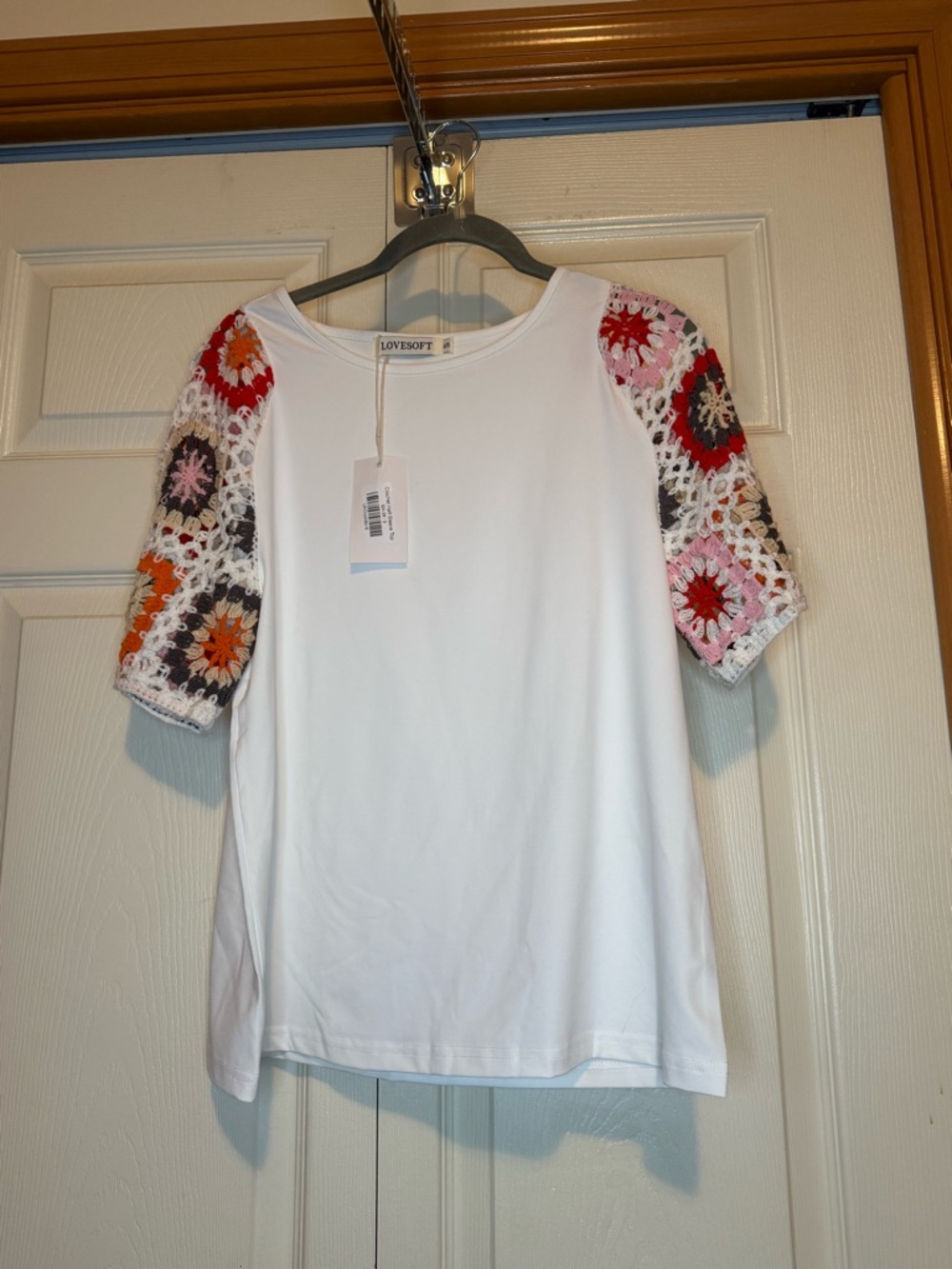LoveSoft White Tee with Multicolor Crochet Short Sleeves - S